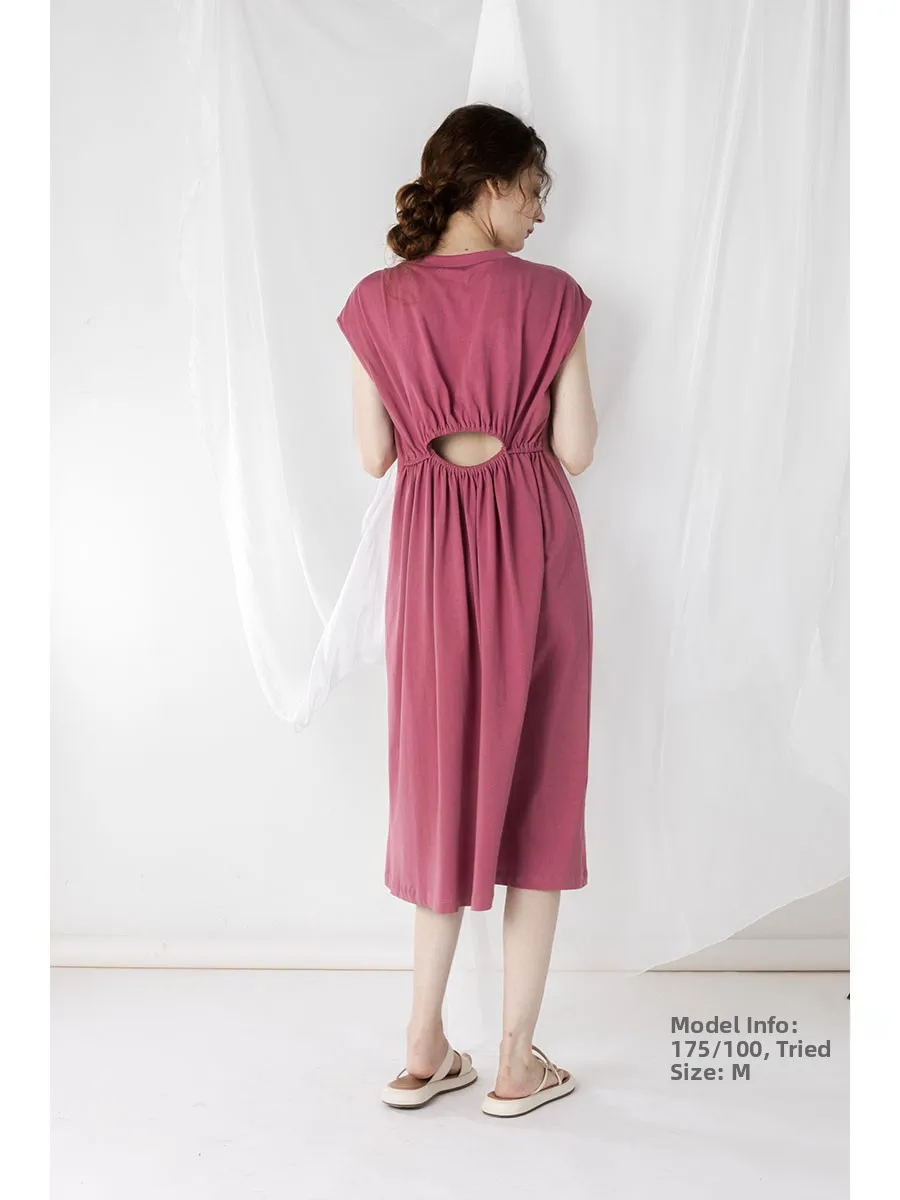 

Elegant T-shirt Dress with Back Hollow out Design Midi Skirt Slimming Waist Cotton High Waist A-Line Dress Summer Commute
