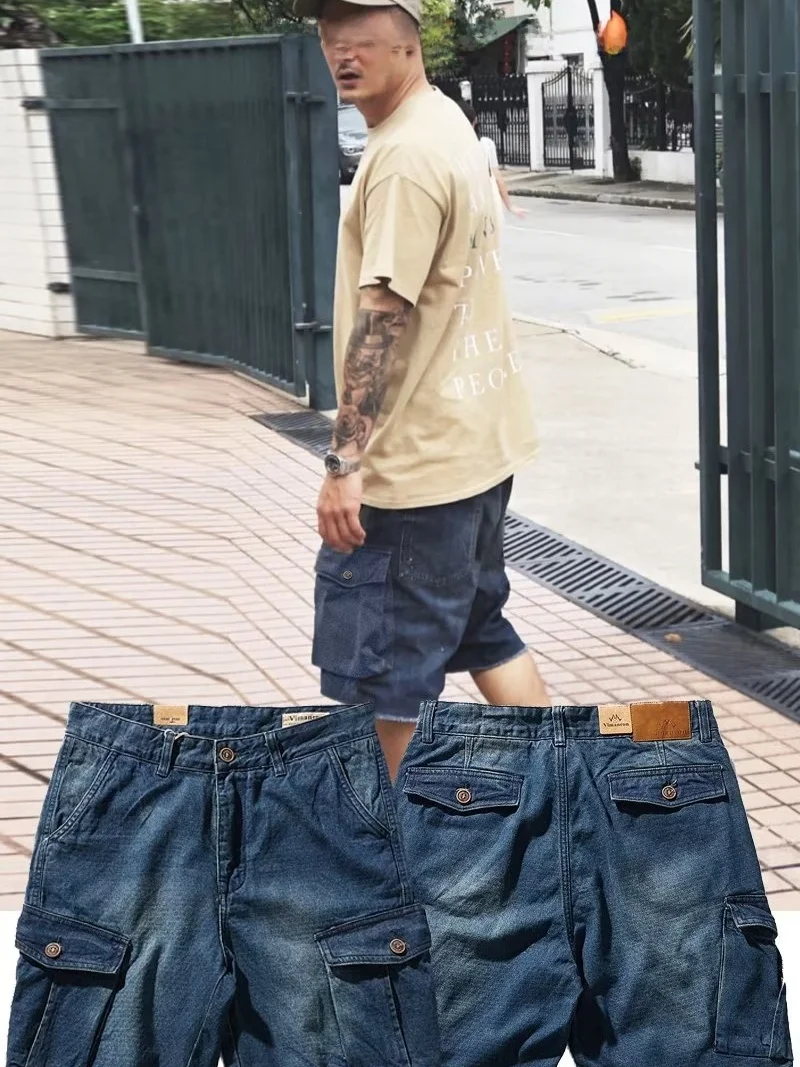 

American Sle Wu Fen Lu Workwear orts Trendy Brand Summer Versatile Multi-ket Denim orts for Men Waed out Vintage