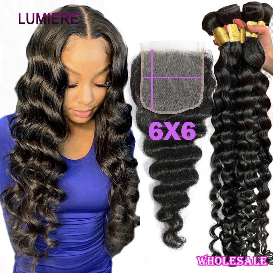 Loose Deeep Wave 6x6 HD Lace Closure With Bundles Deep Water Wave Human Hair Bundles With Closure Frontal Virgin Hair Extensions