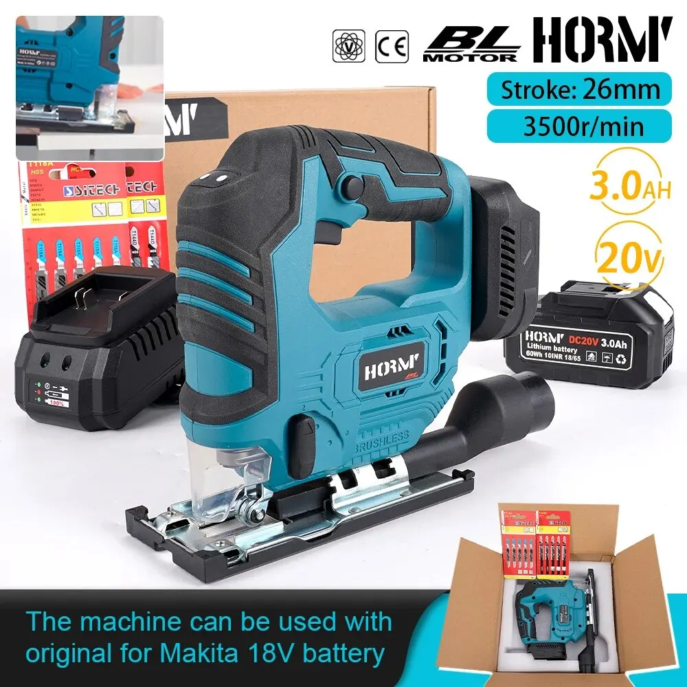 Hormy Brushless Electric Curved Saw Cordless Jig Saw Portable Multi-Function Carpenter Power Tool For Makita 18V Lithium Battery