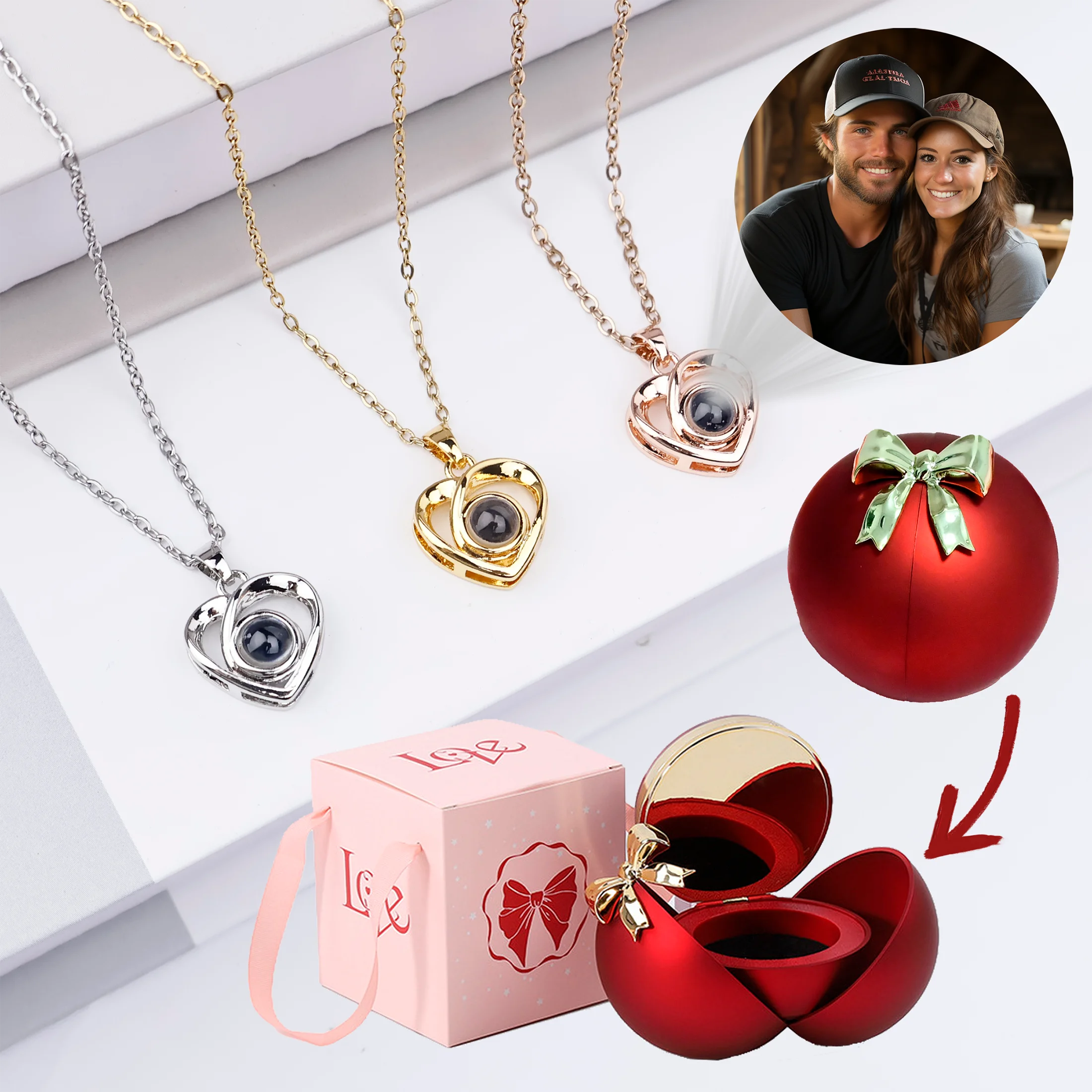 

Custom Color Photo Projection Heart Pendant Necklacе With Luxury Rose Spherical Gift Box 2025 Trend Jewelry For Women Lover Gift