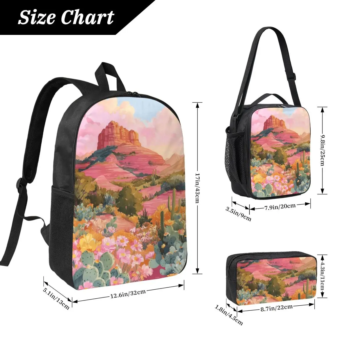 Cactus And Flower Desert Scenery Backpack Boys Girls BookBag School Bag Laptop Shoulder Bags 3ps Insulated Lunch Bag Pencil Case