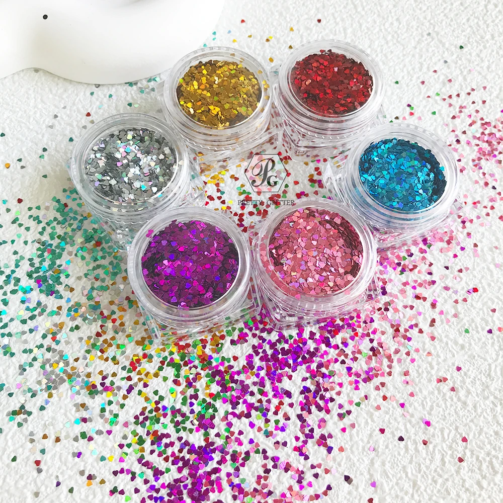 PrettyG 12 Color Set For 1mm Love Hearts Holographic Glitter Shape Nails Sequin Glitter Supplies For DIY Nail Decoration