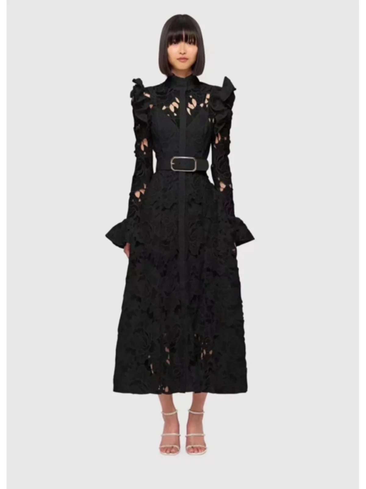 

Ele Long Lace Hollow out Bell Sve Dr Australian Faion Brand High Waist A-Line Skirt Polyester Fabric Autumn Dr