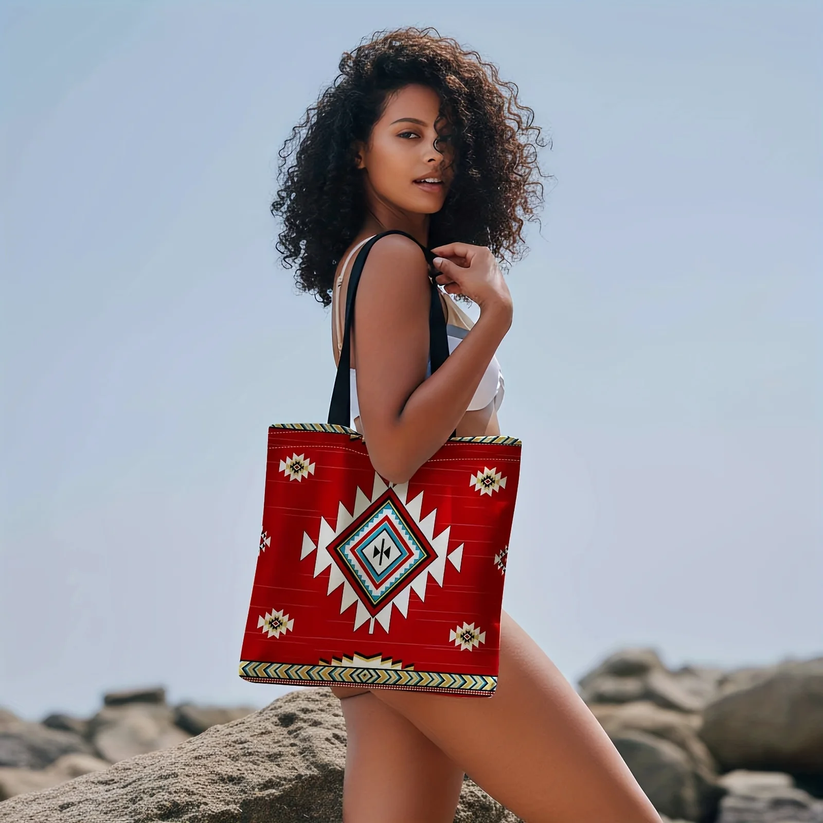 Southwestern Tote Bag - Portable Red Geometric Design for Travel, Cosmetics, Holiday Decor, Gifts, Picnics & Family Events