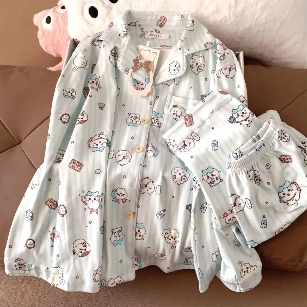 Autumn Chiikawa Cotton Pajamas Suit Cartoon Hachiware Usagi Girls Homewear Anime Women Long Sleeved Pants Kawaii Loose Nightwear