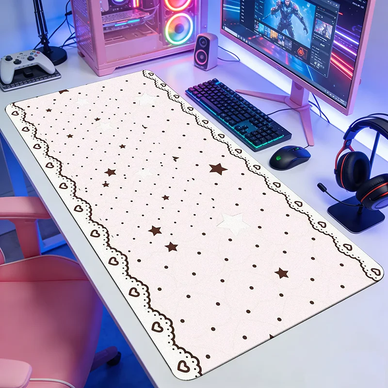 Kawaii Pink Girl Polka Dot Lace Bow Sweet XXL PU Leather Mouse Pad E-sports Game Keyboard OfficeStudent Desktop Decoration