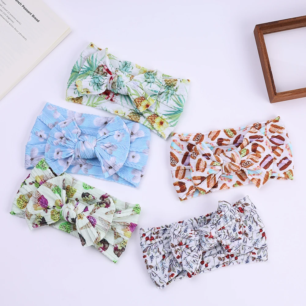 

New Floral Prints Nylon Baby Turban Cable Knit Nylon Headband FOR Kid Girls Rabbit Icecream Donuts Printed Head wraps Children