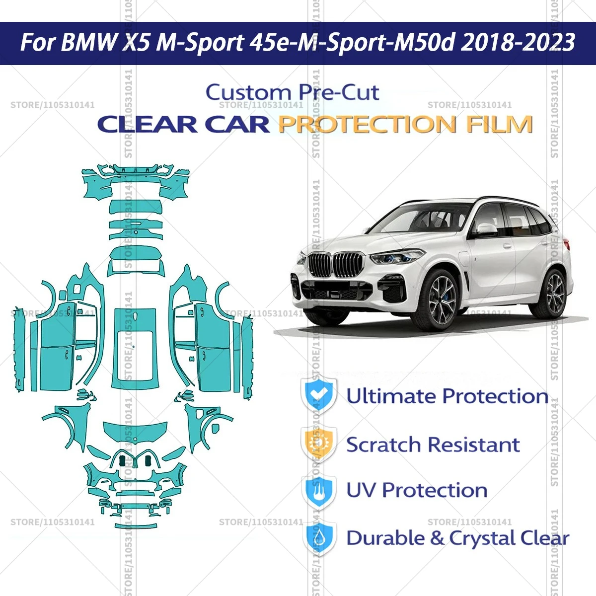 For BMW-X5-M-Sport-45e-M-Sport-M50d-2018-2023 Pre-Cut Paint Protection Film PPF Transparent Car Film Automotive PPF Full Vehicle