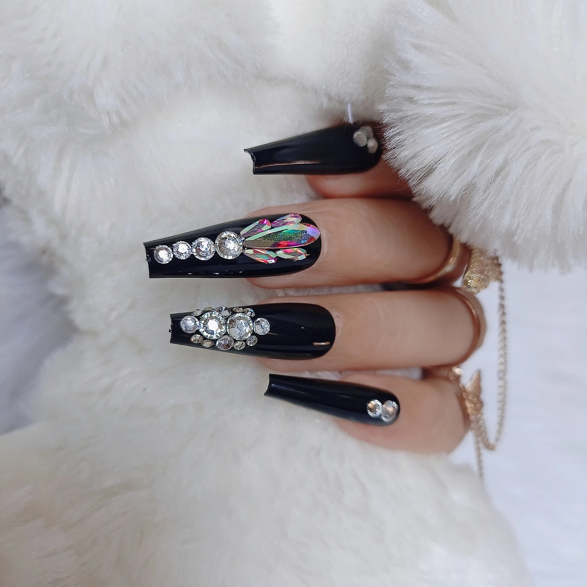 Bride Luxury Jewelry Black Press on Nails Acrylic Nails Long Coffin False nails Tips Glossy Fake Nails 24pcs