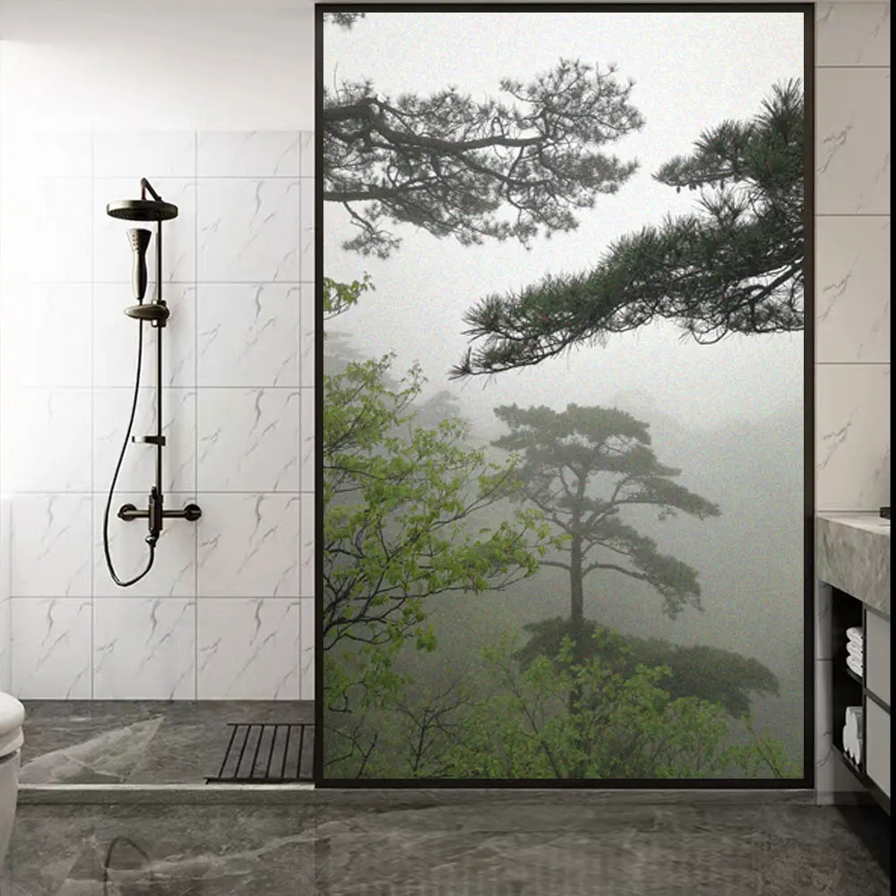 Static Cling Frosted Foggy Mountain Landscape Decorative Privacy Window Film Heat Control UV Blocking Window Stickers