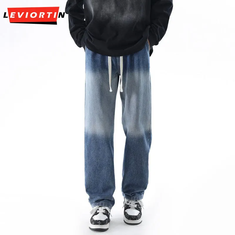2025 Men's summer American retro casual straight leg versatile loose and simple washed, vintage wide leg denim pants EF-332