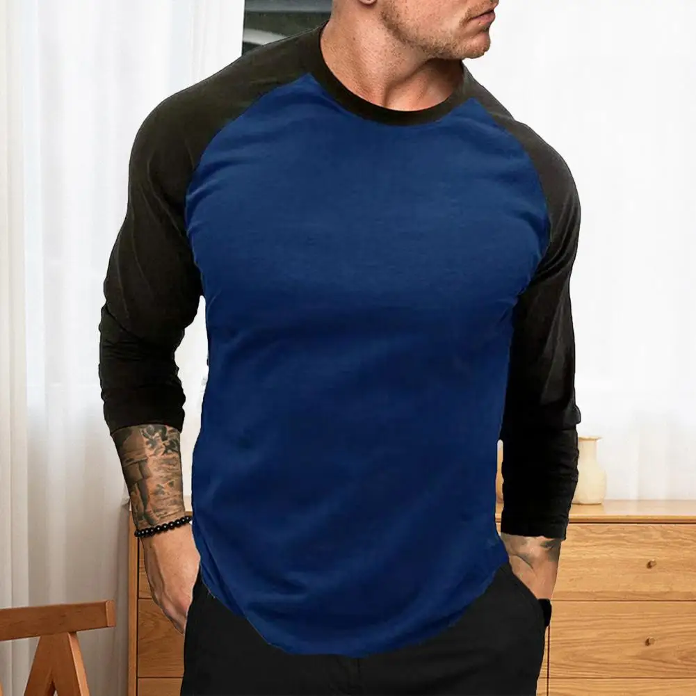 Camiseta informal de manga larga con cuello redondo para hombre, ropa de gimnasio de retazos, Jersey deportivo de manga raglán, primavera y otoño, novedad