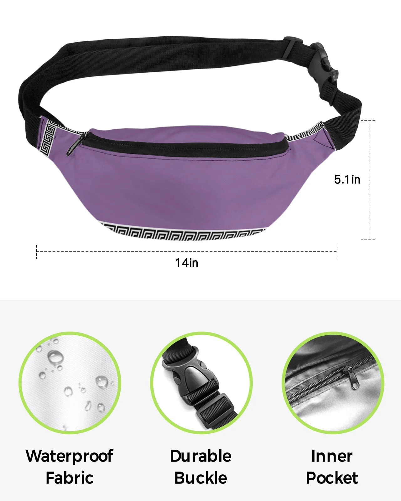 Bolsa de cintura geométrica para homens e mulheres, Fanny Pack, bolsa, cinto de telefone, bolsa de carteira, impermeável Banana Hip Bags, roxo, grego, geométrico