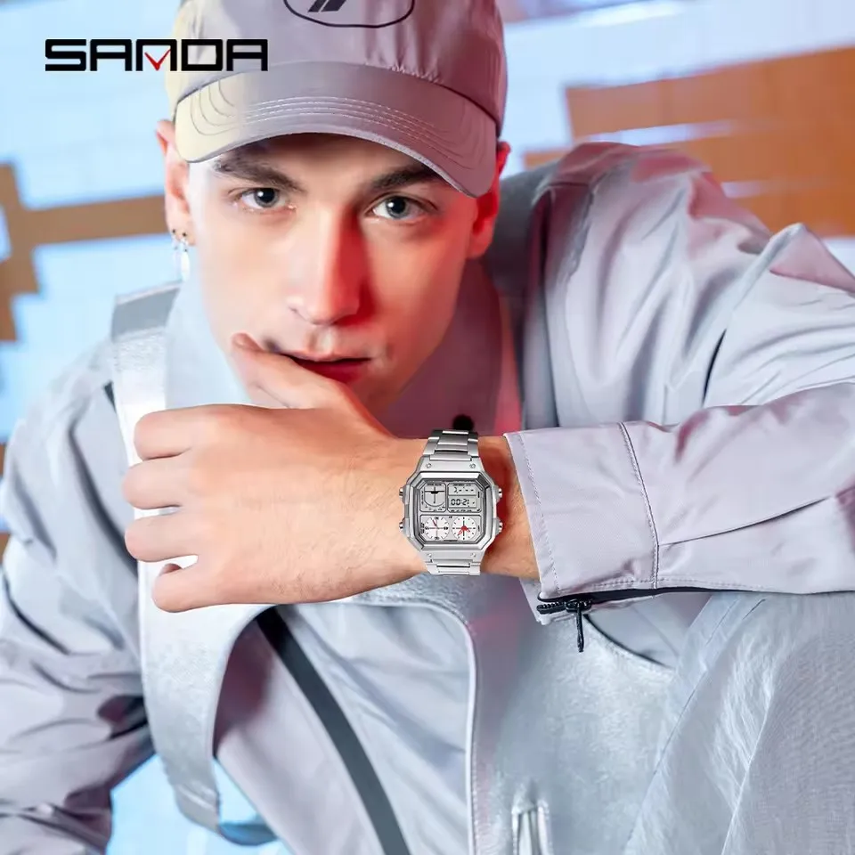 SANDA 6257 Orologio elettronico da uomo Calendario della moda Luminoso cinturino in acciaio inossidabile impermeabile Sveglia Orologi digitali sportivi