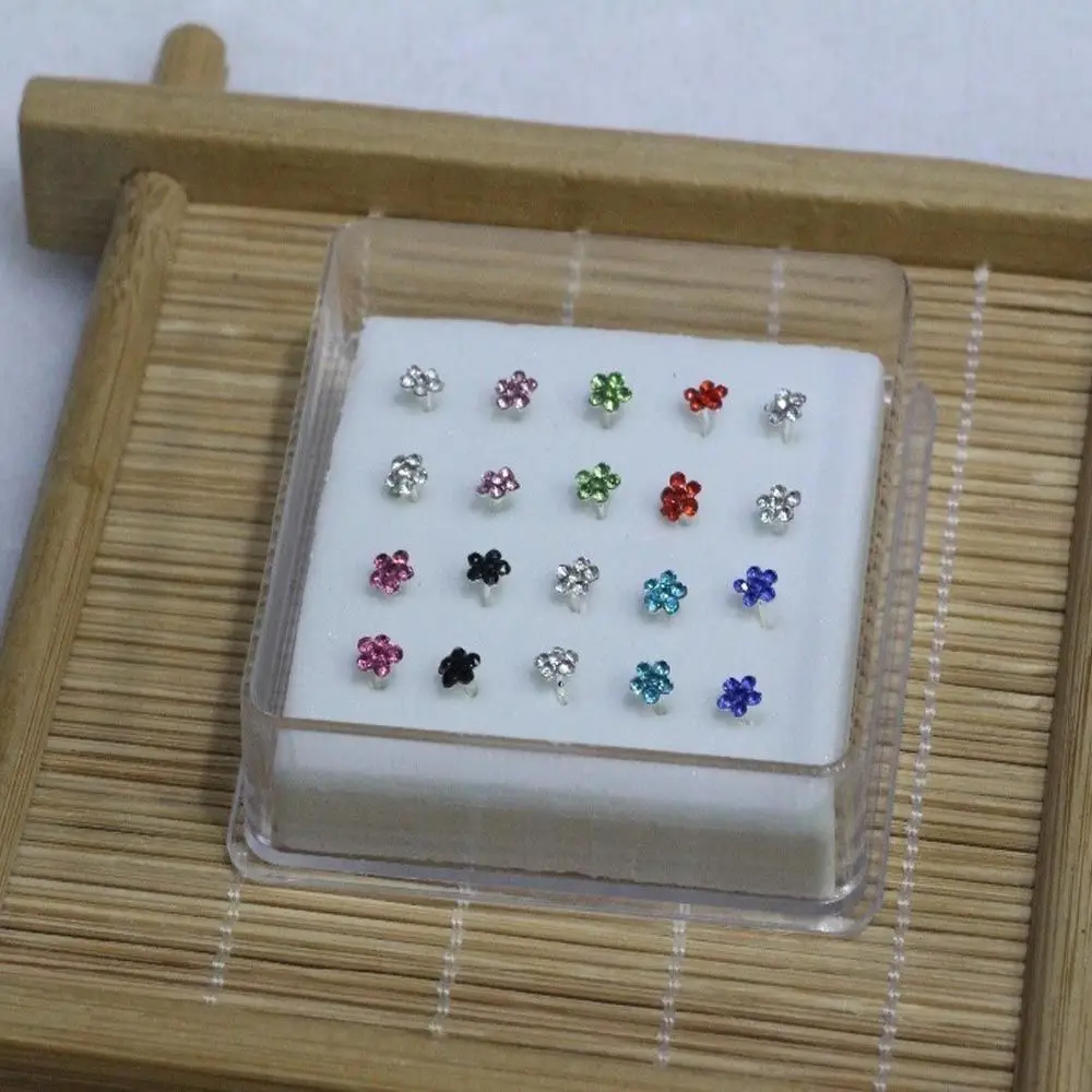 الفضة 20 قطع الفولاذ المقاوم للصدأ الأزياء والمجوهرات الأنف ترصيع الدائري هيئة ثقب الأنف خواتم الأحجار الكريمة زهرة