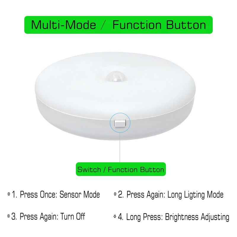 Motion Sensor LED Night Light Button Control Induction Nightlight USB Rechargeable Lamp Dimmable Light for Stairs Cabinet Closet