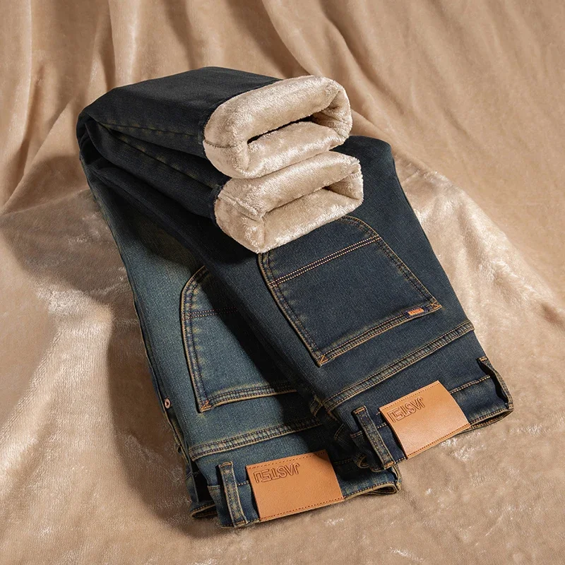 冬の新メンズブランド厚い起毛ジーンズカジュアル弾性快適なストレートファッションレトロフリースデニムパンツ