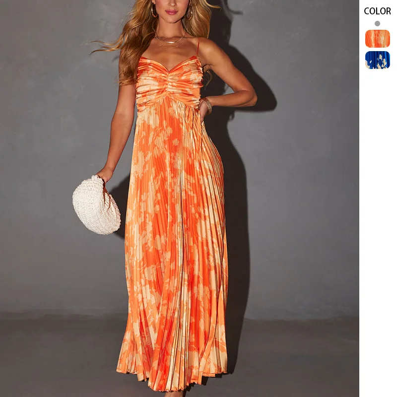 Summer 2026 Fashion Printed Backless Long Skirt Dress Elegant Maxi Gown for Women Trendy Casual Wear
