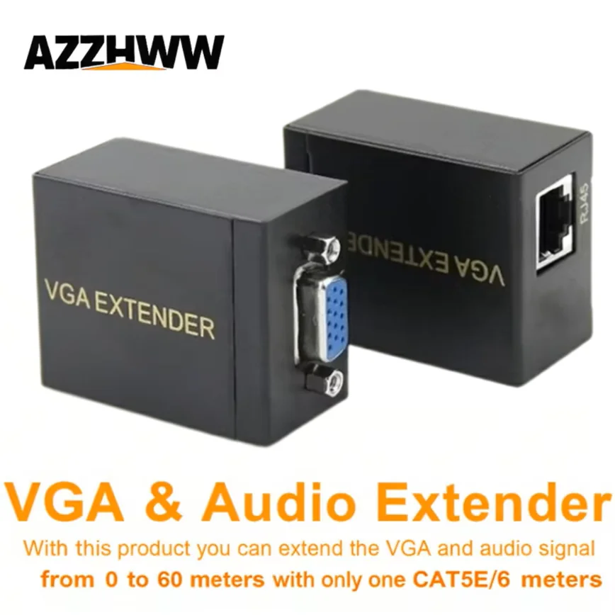 

60M VGA Extender 196ft VGA Signal Extender Repeater Adapter VGA to RJ45 Transmitter + Receiver Over RJ45 Cat5e/6/7 Network Cable