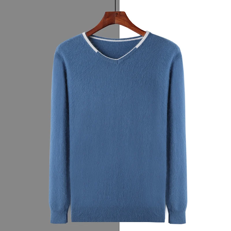 Autumn and Winter Men's Mink Fleece Sweater V-neck Pullover Knitted Long Sleeve Colorful Casual Fashion Loose Warm Knitted Top