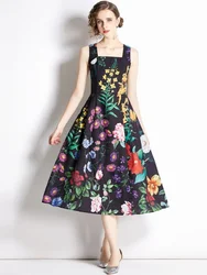 Holiday Flower Summer Tank Dress Women's Spaghetti Strap Backless Lace Up Floral Leaves Print Beach Vacation Midi Vestidos