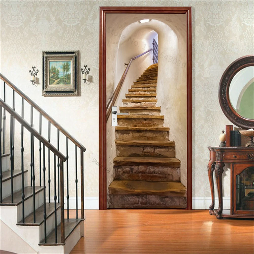 Customized Size Door Sticker Adhesive 3D Spiral Stairs Full Door Wrap Poster Landscape Door Mural Wallpaper Wall Art Decals