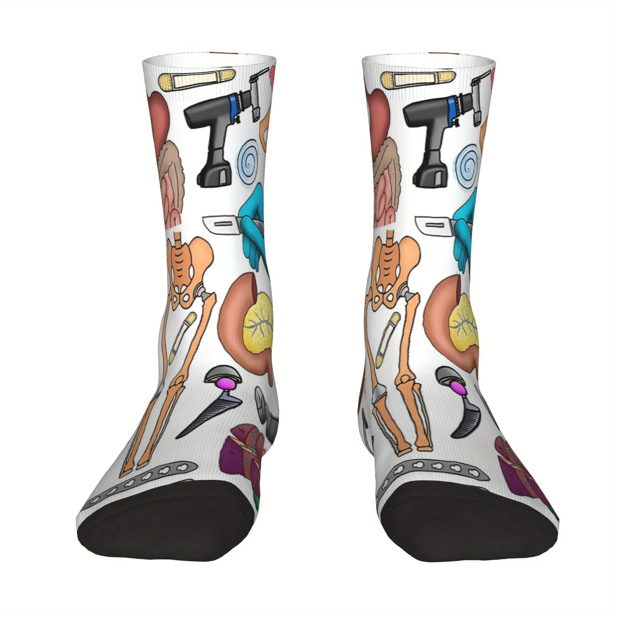 Medical Sock with Anatomy Print Knit All Over Design Featuring Organs Tools Black Toe Heel Perfect for Nurses