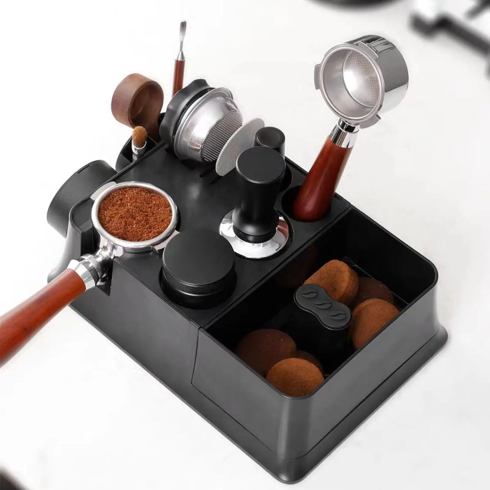 Coffee Tamper Holder Rack Espresso Station with Knock Box for 51 54 58mm Distributor and Powder Compactor