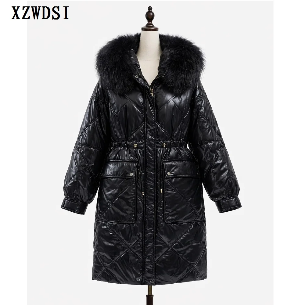 

White Duck Down Coat Female Women Warm Autumn Winter Top Clothing Thick Down Jacket Raccoon Fur Trim Hooded