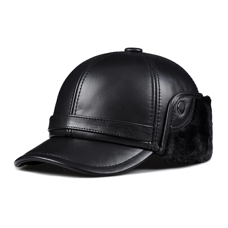 

Winter High Quality Genuine Leather Hats Cowhide Keep Warm Earmuffs Bomber Caps Plus Velvet Thicken Man Bone Caps Dad Hat