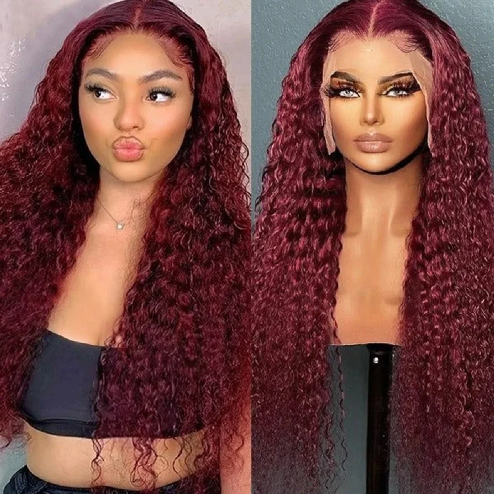 13x4 HD Deep Wave 99j Burgundy Lace Front Wig Human Hair Transparent Lace Frontal Wig Red Pre Plucked 180 Density Wigs For Women