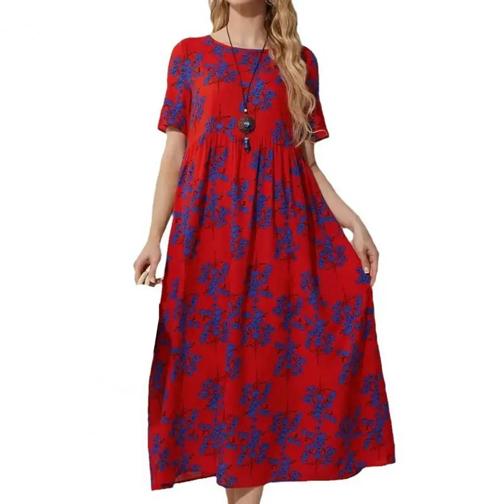 

Summer Dress Color Matching Flower Print Crew Neck Short Sleeve A-line Big Swing High Waist Loose Retro Pullover Midi Dress