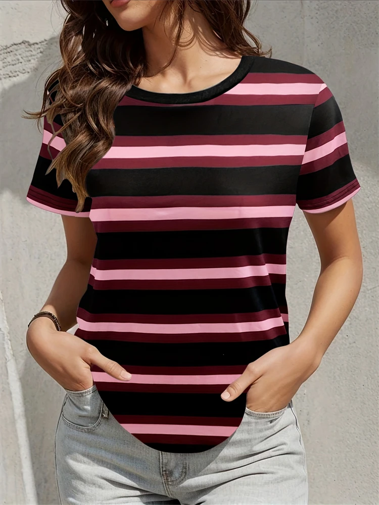 

Summer Women's T-Shirt Beach Resort Casual Breathable Round Neck Short Sleeve Top Striped Print Loose Comfortable T-Shirt