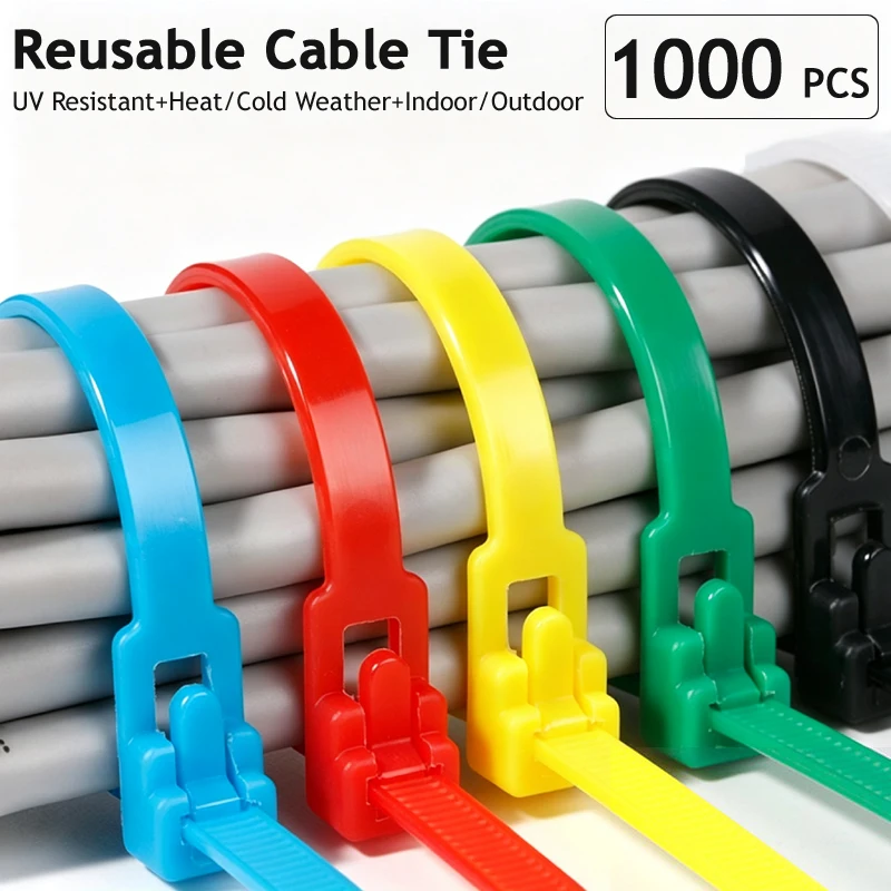 50/100/300/1000PCS Reusable Cable Ties Cable Lock Loop Nylon Ties Removable Recyclable Mixed Colours Black White