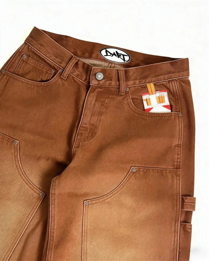 

Vintage Y2K Brown Washed Double Knee Work Jeans Gothic Punk Retro Loose Wide Leg Unisex