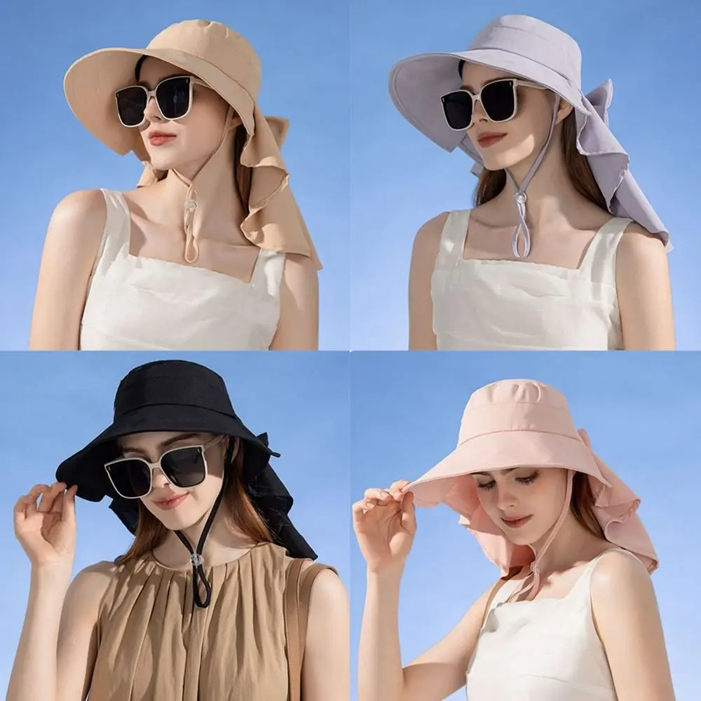 

UV Protection Wide Brim Sunshade Hat Fashion Polyester with Shawl Beach Sunhat Portable Wide Brim Bowknot Panama Caps Travel