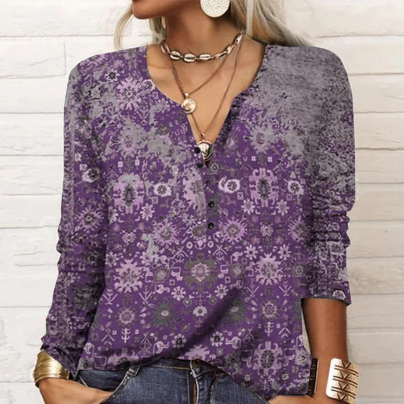 Autumn Women's Long Sleeve Shirts With Printed Ethnic Fashion T-shirt For Women T Shirts For Woman Футболка Женская Оверсайз