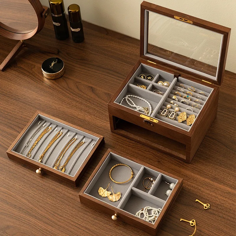 Wooden Jewelry Storage Box Safe Lockable Ring Earrings Display Case 3 Layer Jewelry Storage Cases Household Bracelet Boxes