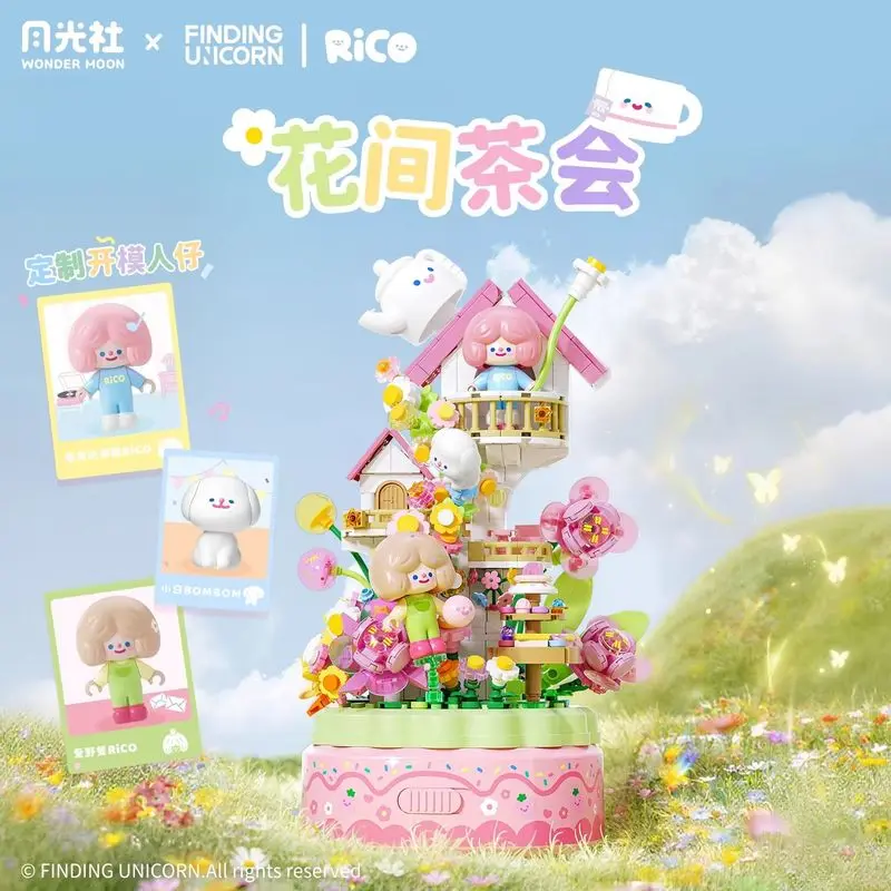 Wonder Moon Rico Alla ricerca di fiori di unicorno Serie di avventure Scatola a otto toni Blocchi di costruzione Farmer Bob Giocattolo fai da te Regalo di compleanno per bambini