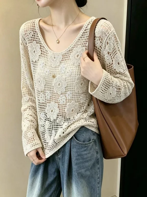 French Style round Neck Pullover Hollow out Hook Flower Design Sun Protection Air Conditioning Shirt T-Shirt Outerwear Coat f...