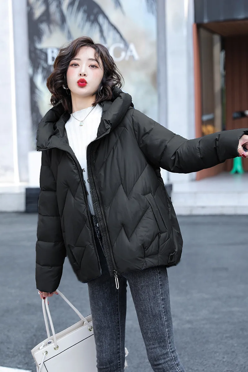 Women's Short Winter Cotton Jacket Warm New Loose Hooded Thick Cotton Coat Trendy Quilted Cotton Padded Jacket Parkas Clothing