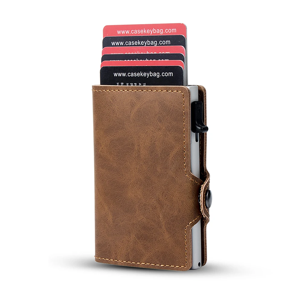 Casekey 2023 Nowe etui na karty RFID ze skóry Pu Etui na karty Sprzęgło Wyskakujący portfel Aluminiowe pudełko Smukły inteligentny portfel Carteira Masculina