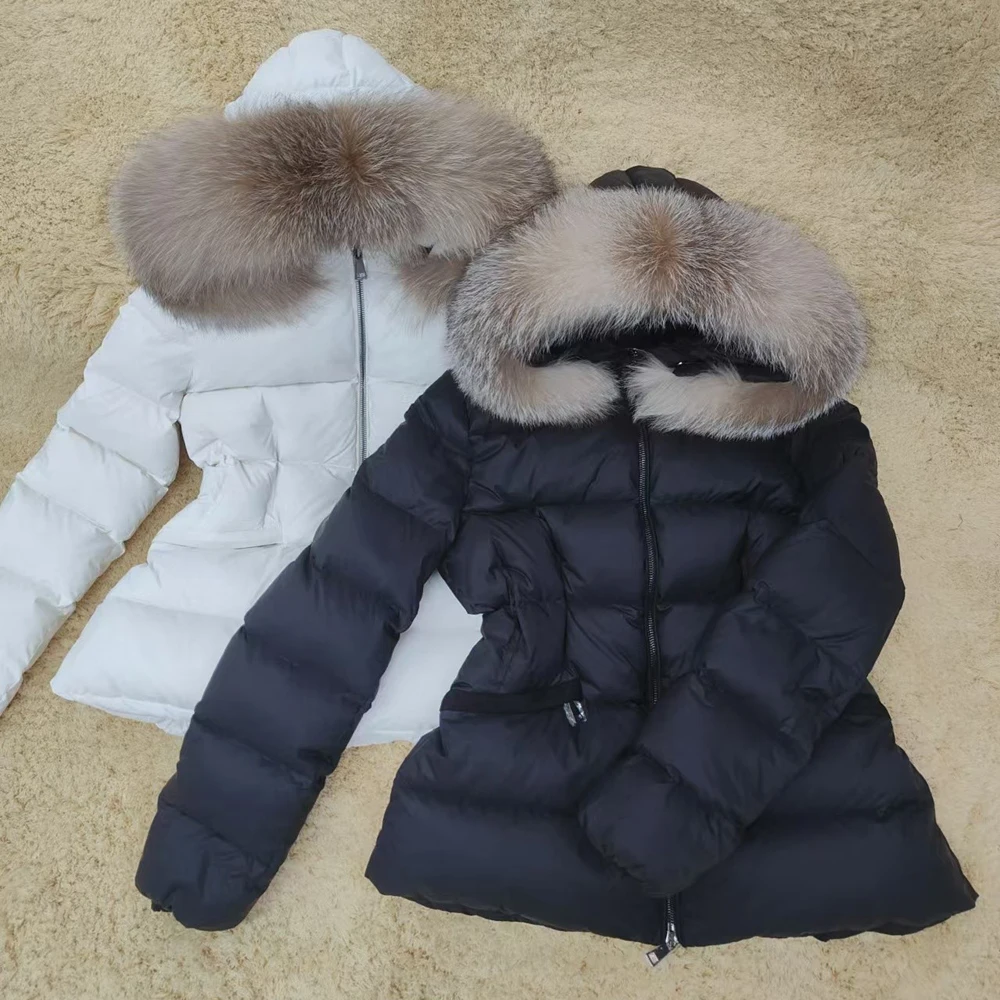 Winter Fur Trim Hooded Down Puffer Coat Outerwear with Belt Women Black