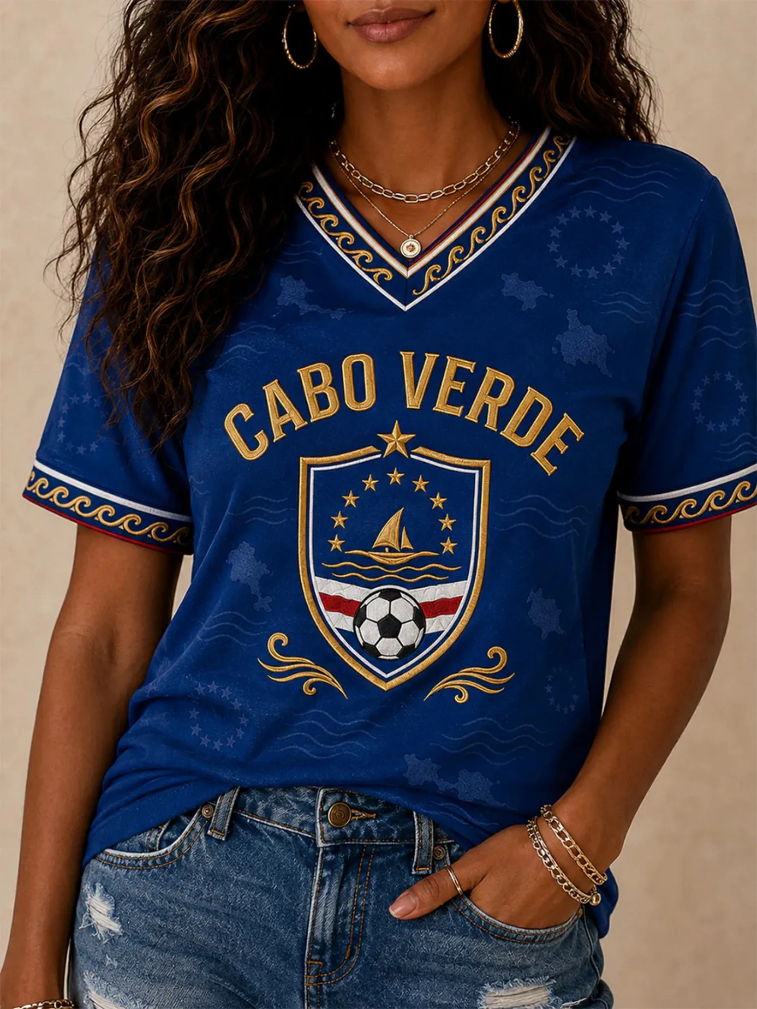 Cabo Verde Womens V Neck Football Tee Shield Sail Boat Graphic Casual Short Sleeve Summer Top Island Spirit Everyday Wear Outfit