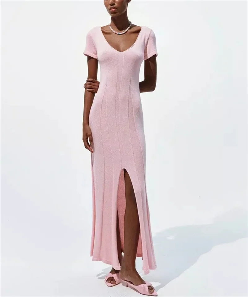 Women's Sexy Deep V Neck Short Sleeve Long Knit Dress Summer Casual Beach Crochet Bikini Cover-Up Swimsuit Cover Ups Swimwear