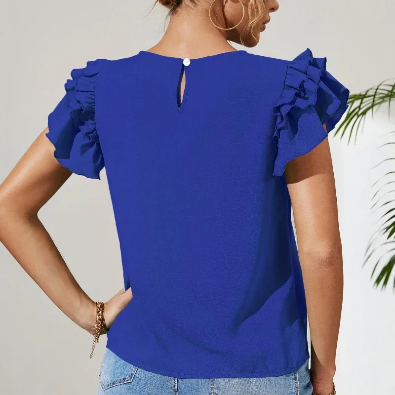 Elegant Casual Women Top Temperament Commuter Round Neck Comfortable Breathable Short Sleeve Ruffle Sleeves Trendy Female Blouse