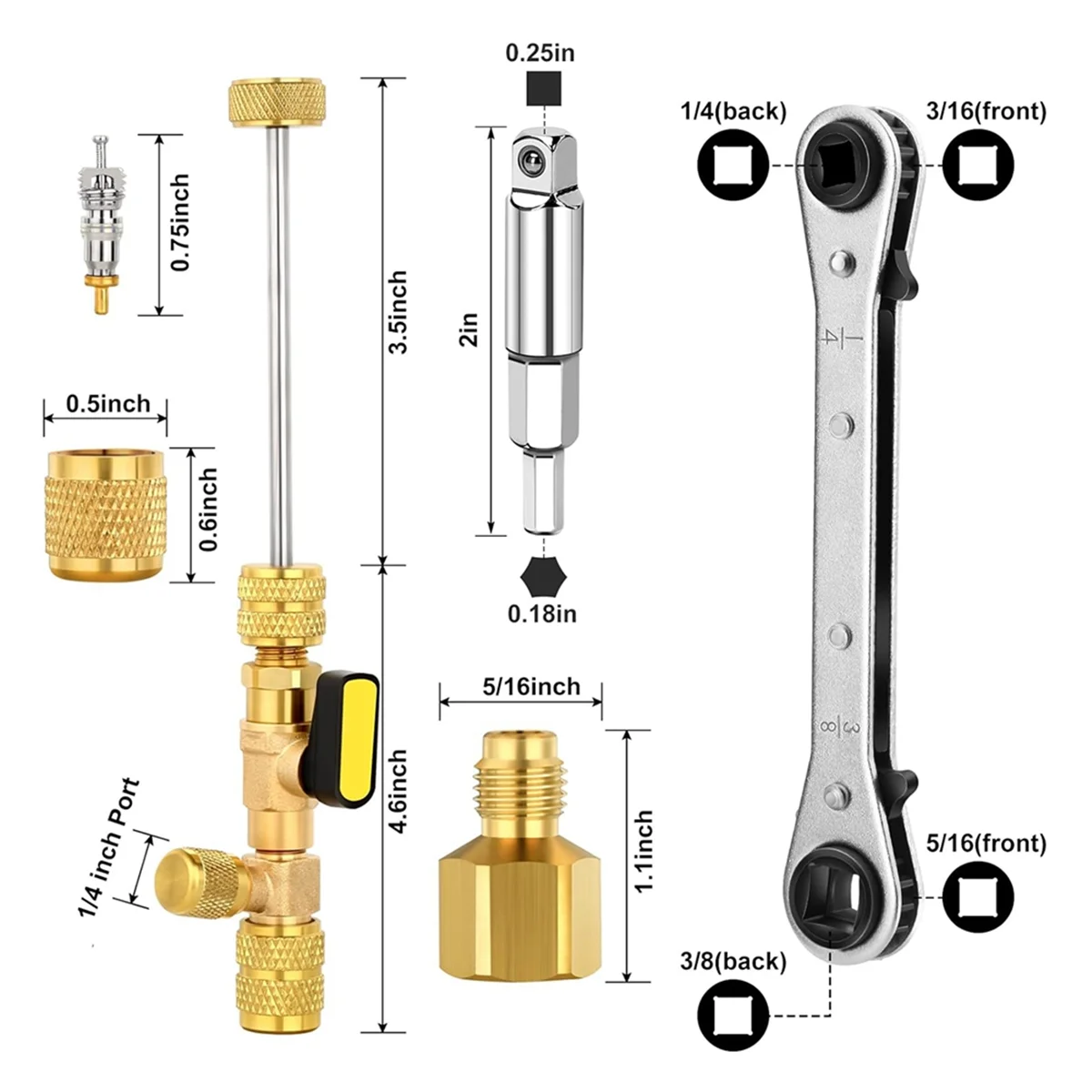 أداة إزالة الصمامات الأساسية A96Q ومجموعة مفاتيح خدمة HVAC مع محول لقمة سداسية، مقاس SAE 1/4 و5/16 منفذ، 10 قطع من نوى الصمامات وما إلى ذلك