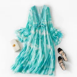 Birdsky, 1PC Women dress lace V neck flare sleeve 100% real mulberry silk wrinkle chiffon, S-868