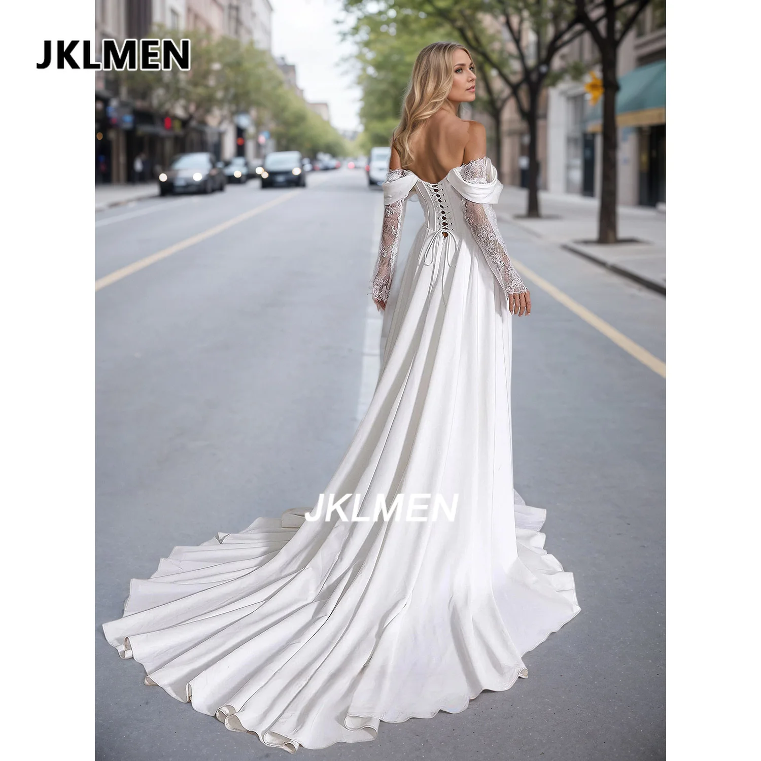 فساتين زفاف من الساتان الحريري على شكل حرف a للنساء مشد الظهر خارج الكتف وأكمام طويلة من الدانتيل فستان زفاف مع شق #2